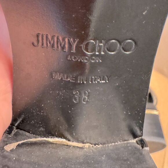 Jimmy Choo Valla-Style Black Leather Block Heel Sandals w/ Chain Detail, Size 38 - Picture 12 of 13